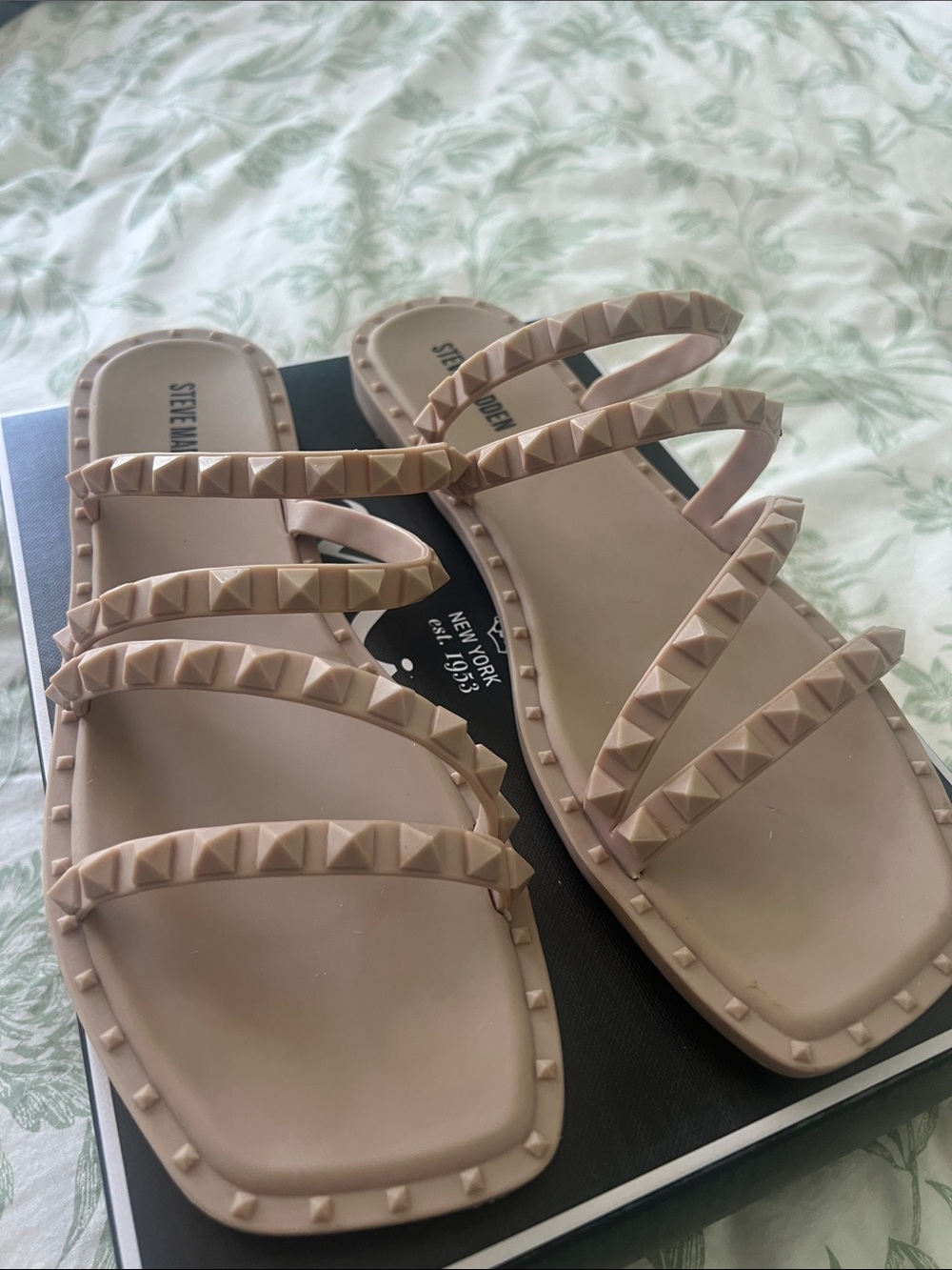 Steve Madden Nude Pyramid-Studded Multi-Strap Slide Sandals